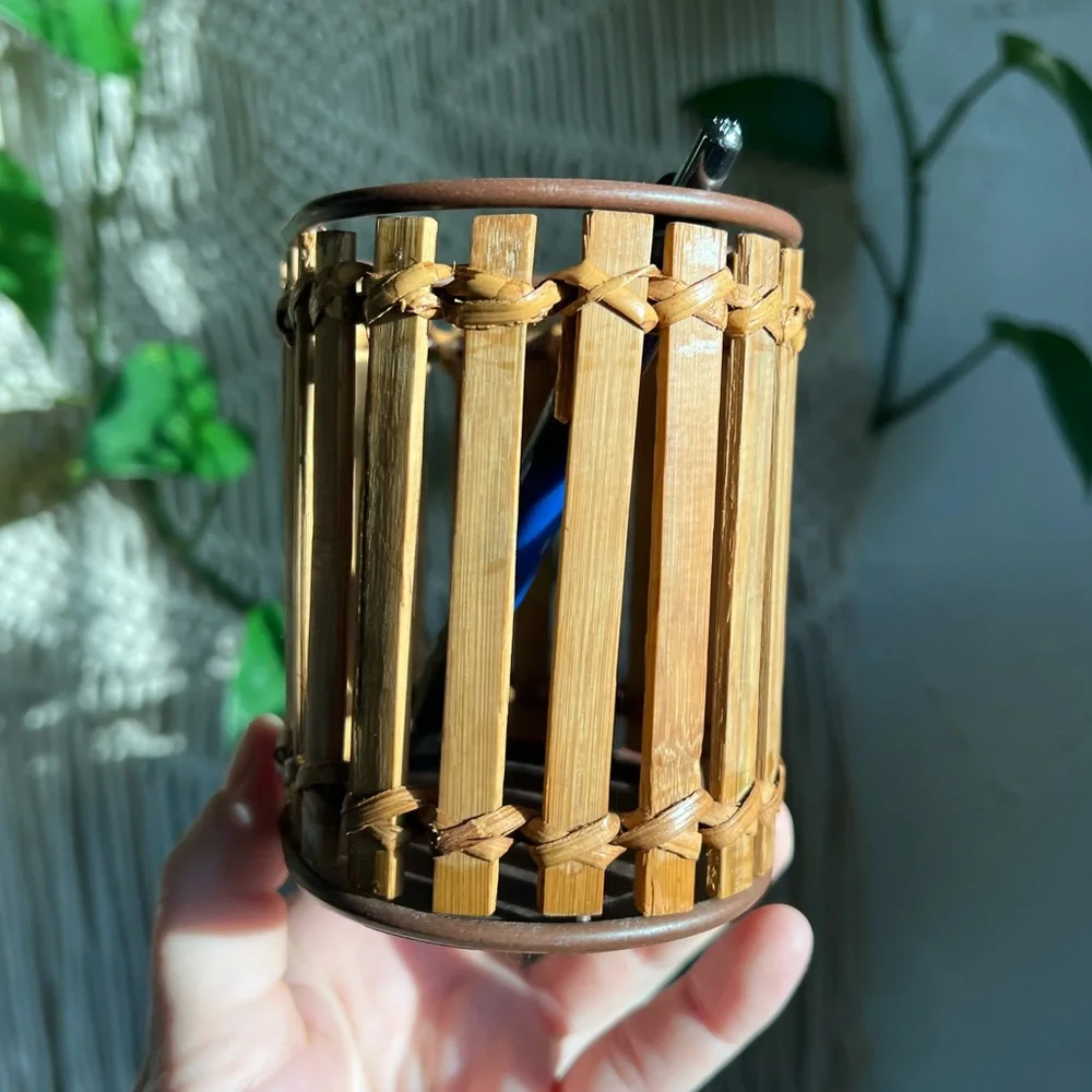 Vintage Bamboo & Rattan Pencil Holder Desk Organizer Wicker Rustic Office Decor